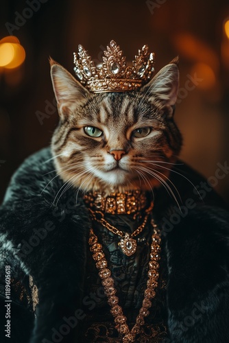 portrait of a cat, high fashion Style, stylish clothes and luxury necklace of jeweleries, wearing a crown