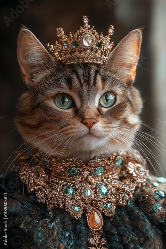 portrait of a cat, high fashion Style, stylish clothes and luxury necklace of jeweleries, wearing a crown