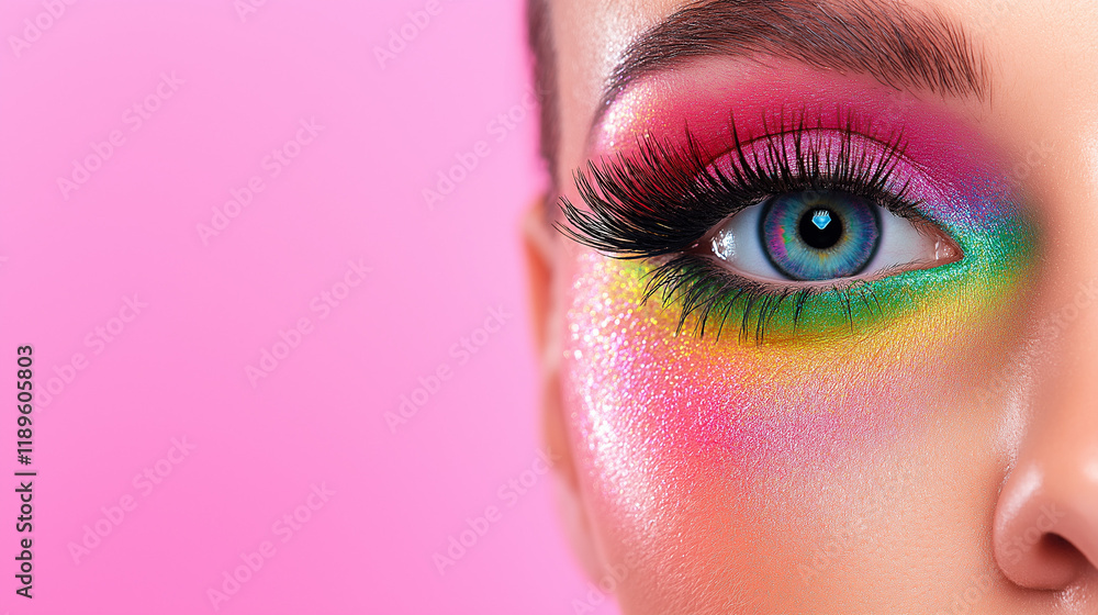 Fototapeta premium Vibrant eye makeup showcasing colorful hues against pink background, artistic expression