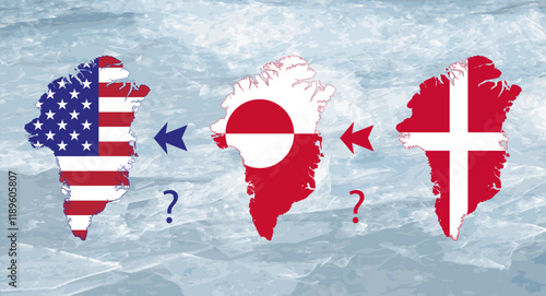 Greenland map with Denmark, Greenland and USA flag. Political concept. Ice background.
