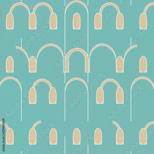  teal and white geometric pattern, minimalist style, vertically aligned elongated rounded shapes resembling arches, thin white outlines, symmetrical design, uniform spacing, wallpapers, textiles, digi photo