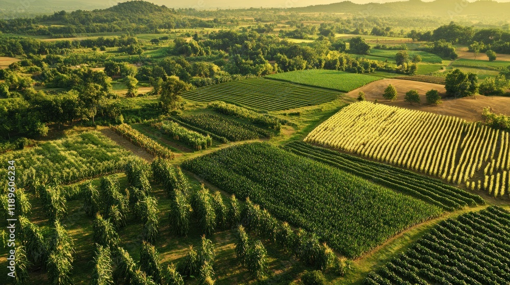 Aerial view of diverse agricultural landscape at sunset, showcasing various crops and fields. Aerial view of diverse agricultural landscape at sunset, showcasing various crops and fields.