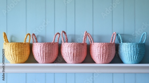 Colorful woven baskets arranged on a shelf against a blue wall in a bright room