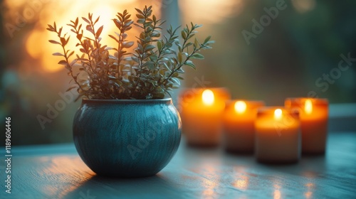 Decorative plant in a pot with candles glowing at sunset in a cozy indoor set...