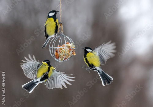 tit birds flying at seed feeder in winter garden