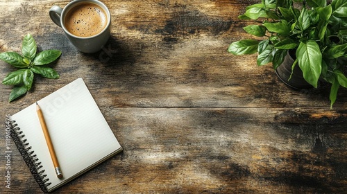 Cozy workspace with coffee, notebook, and plants on a rustic wooden table
