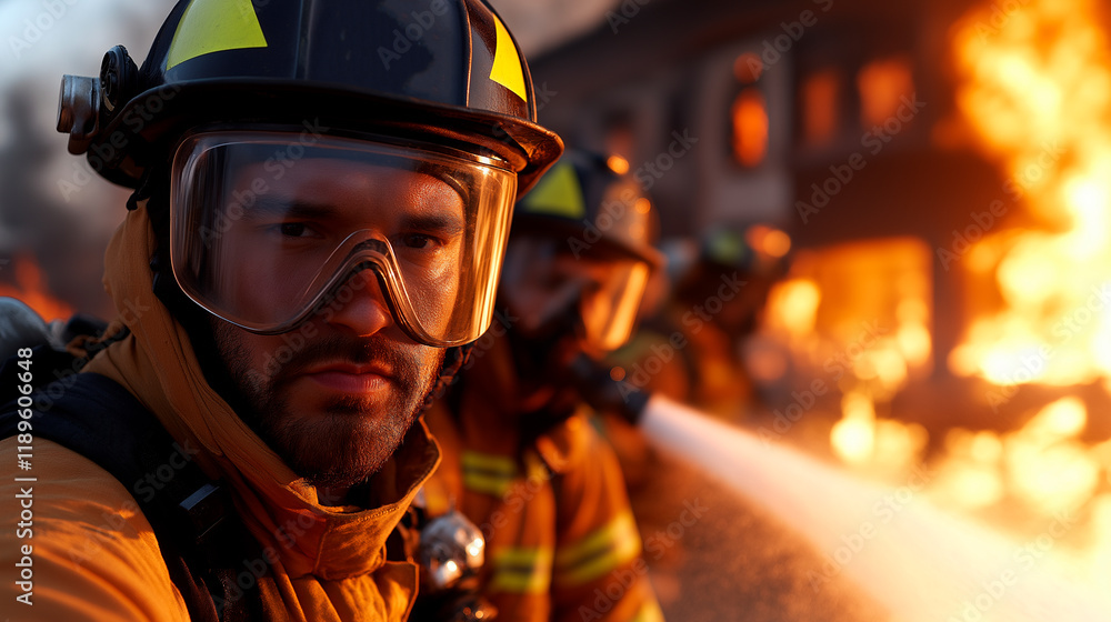 A team of firefighters in full gear spraying water onto a burning building. A team of firefighters in full gear spraying water onto a burning building.