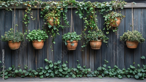 Hanging pots with greenery adorn a wooden fence in a serene garden setting