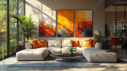 Bright living room with modern art and vibrant decor during daytime
