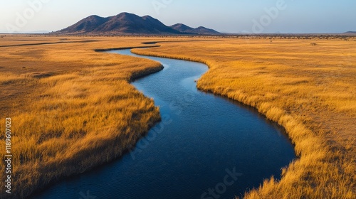 Serene river winding through golden grasslands with distant mountains under a...