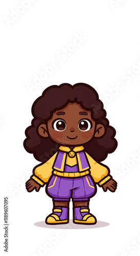 Adorable Cartoon Black Girl in Purple Outfit Happy Expression Cute Illustration