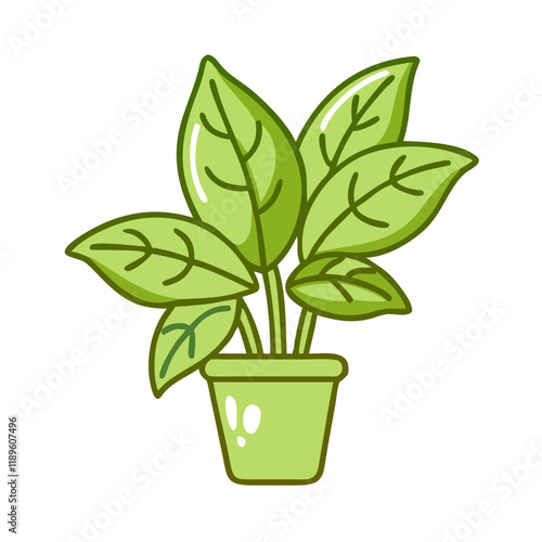 Potted Chinese Evergreen plant with green leaves in flat cartoon style on white background