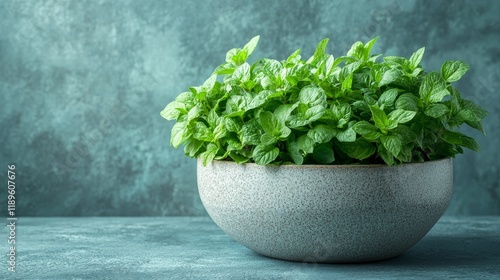 Basil plant in terracotta pot basking in the warm sunlight in an outdoor gard...