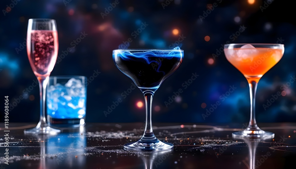 A selection of vibrant cocktails on a reflective surface with a cosmic background. The drinks include a pink sparkling drink, a blue drink with ice, a dark blue smoking cocktail, and an orange drink A selection of vibrant cocktails on a reflective surface with a cosmic background. The drinks include a pink sparkling drink, a blue drink with ice, a dark blue smoking cocktail, and an orange drink