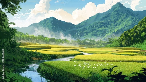 Serene rice paddy landscape with meandering river, lush greenery, and misty mountains under a bright sky.