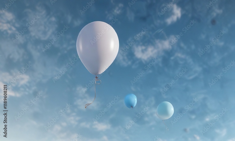 Obraz premium Single balloons drifting gently upwards in the pale blue atmosphere, buoyant orbs, subtle movement