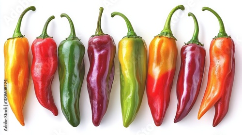 Colorful assortment of chili peppers arranged on a blue background for culina...