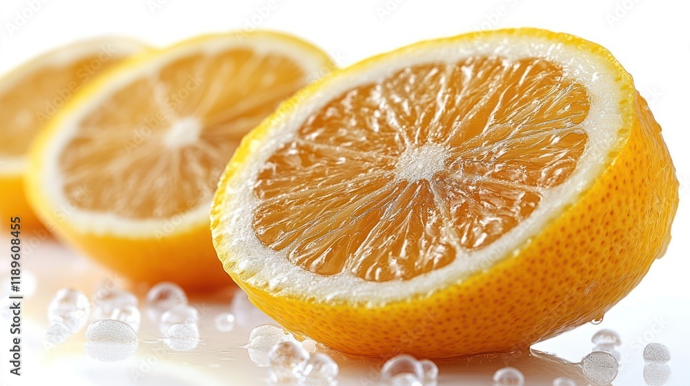 Close-up of juicy lemon slices with water droplets. Close-up of juicy lemon slices with water droplets.
