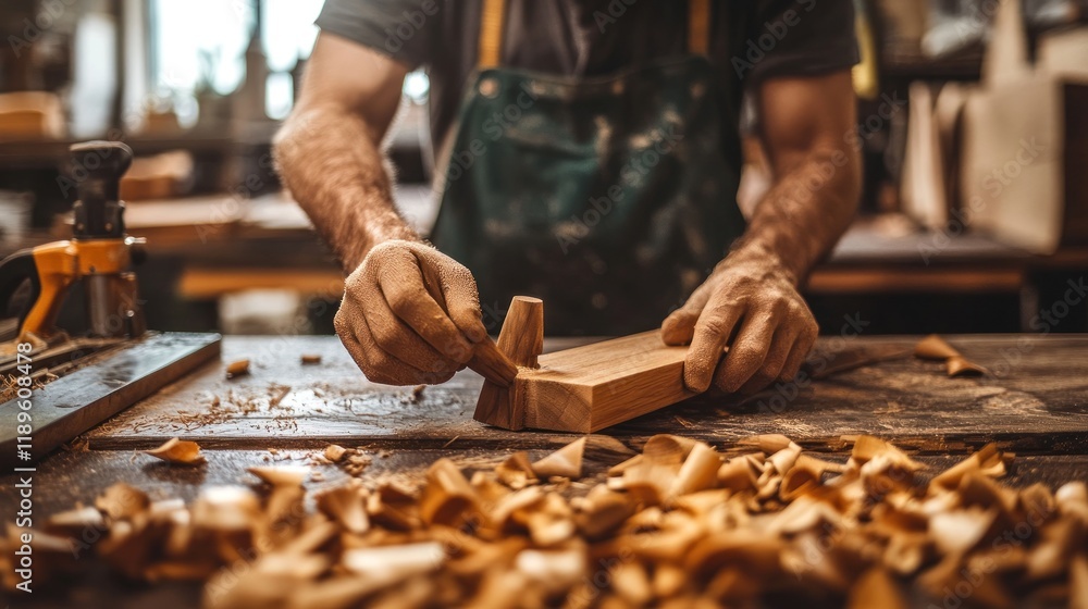 Craftsman carefully shaping wood in workshop. Craftsman carefully shaping wood in workshop.