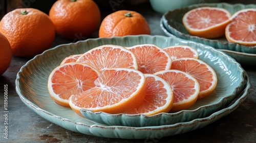 Freshly sliced oranges arranged neatly on decorative plates in natural light