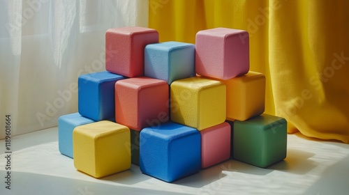Colorful building blocks arranged creatively near a window with soft natural ...