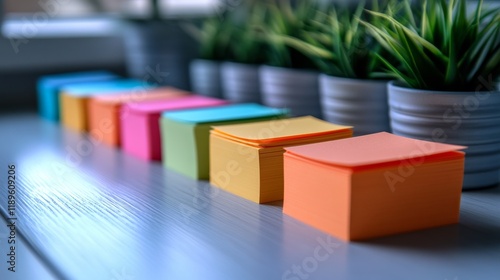 Colorful sticky notes arranged neatly on a desk with small potted plants in a...