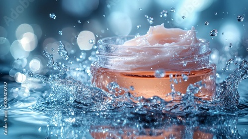 Moisturizing cream jar splashing in water with vibrant blue background
