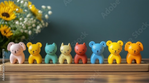 Colorful wooden bear figurines arranged on a wooden board with flowers in a v...