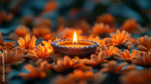 Decorative oil lamp surrounded by vibrant flower petals during a festive even...