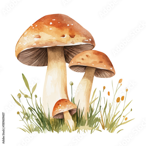 A watercolor illustration of mushrooms, isolated on a white background. Mushrooms vector.
