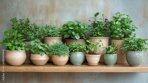 Potted herbs on wooden shelf against rustic brick wall in cozy indoor setting