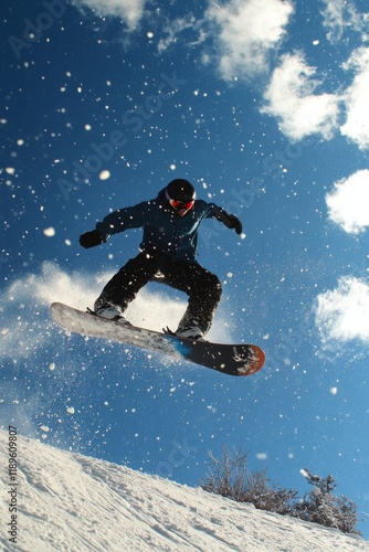Snowboarder in midair, performing a trick against a bright blue sky with snowflakes