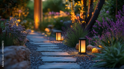 Beautifully lit garden pathway with lanterns and vibrant flowers at twilight