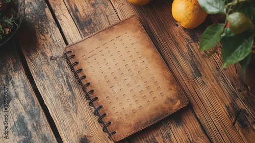 Leather bound journal with handwritten page placed on rustic wooden table amo...