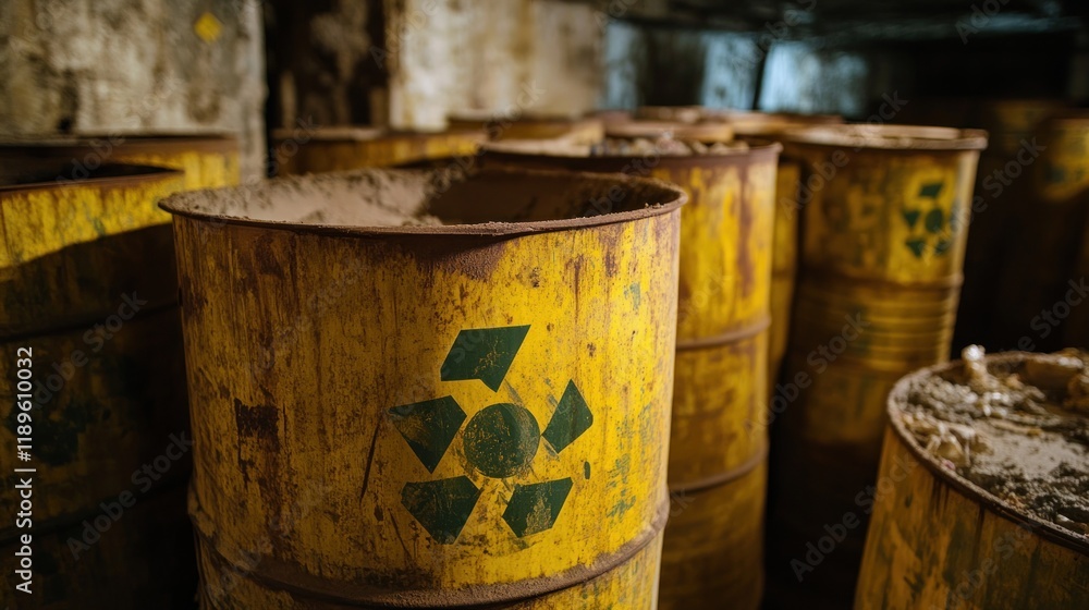 Rusty yellow barrels with radioactive symbol in a dark, abandoned cellar. Rusty yellow barrels with radioactive symbol in a dark, abandoned cellar.
