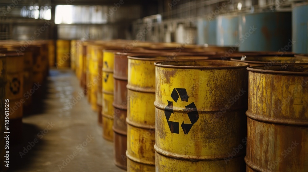 Rows of rusty yellow industrial barrels with recycle symbols in a warehouse. Rows of rusty yellow industrial barrels with recycle symbols in a warehouse.