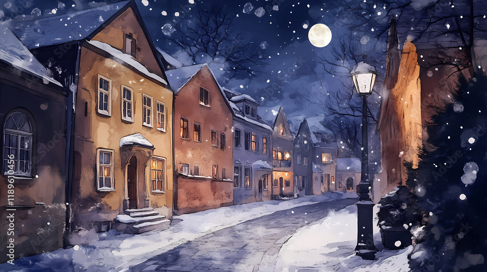 Obraz premium Christmas town, european houses street with falling snow. christmas watercolor houses on the background of the night sky with stars. Moonshard. Illustration