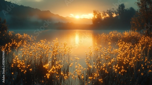 Sunrise over a tranquil lake surrounded by blooming wildflowers and misty mou...