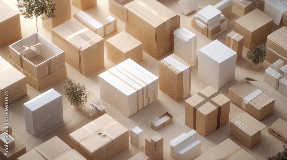 Fototapeta premium Cardboard boxes and miniature trees form a city landscape, representing delivery, logistics, or shipping.