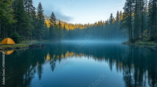 Serene lakeside cabin at dawn with misty mountains and calm water reflections