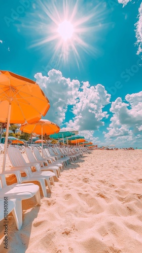 Colorful umbrellas line a sandy beach under a bright sun with palm trees in t...