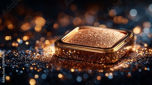 Shimmering gold powder in a round container on a reflective surface with spar...