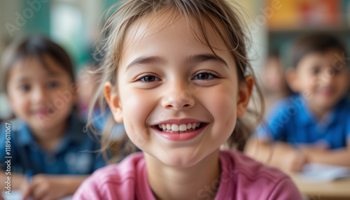 Children in the classroom smiling and studying together. Early childhood education and teaching photo