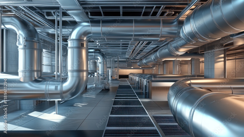 Industrial metallic piping system in a large facility. Industrial metallic piping system in a large facility.