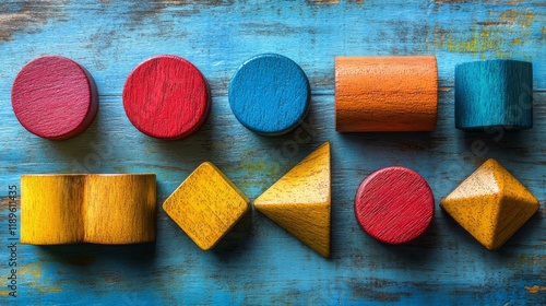 Colorful wooden shapes arranged artfully on a dark wooden surface for creative play and design inspiration photo