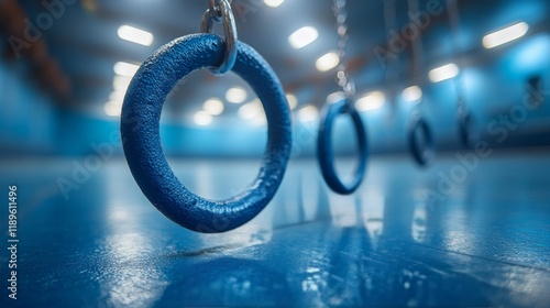 Blue gym rings hang low in a well-lit training facility during evening practi...