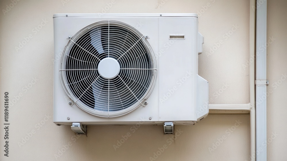 Exterior wall-mounted air conditioning unit with a large fan. Exterior wall-mounted air conditioning unit with a large fan.