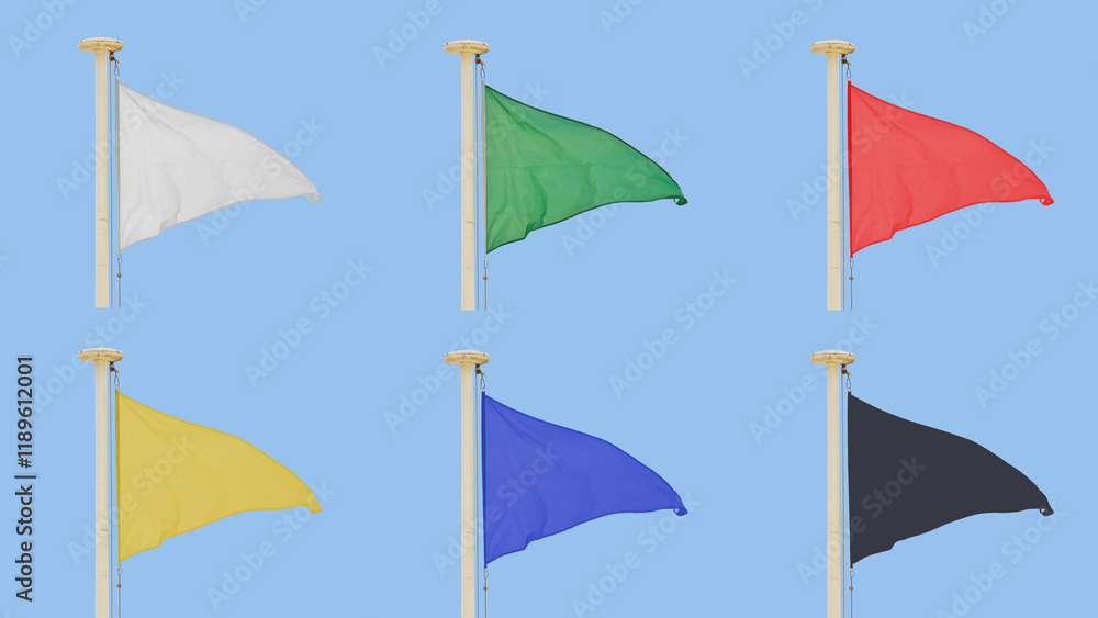 Obraz premium Six individual pennants of various colors blowing in the wind from flag staffs.