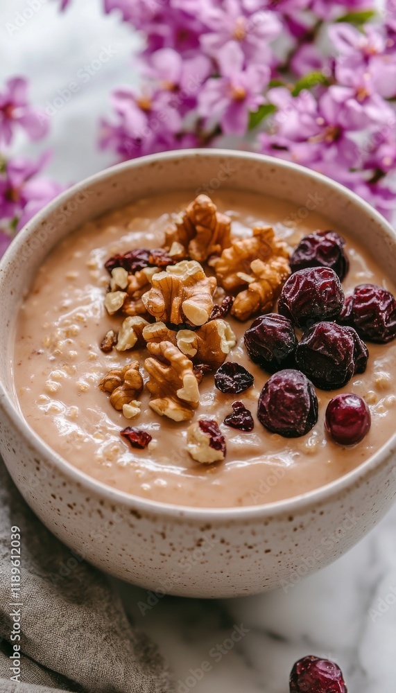 Creamy oatmeal breakfast bowl topped with walnuts and dried cranberries. A healthy and delicious start to the day! Creamy oatmeal breakfast bowl topped with walnuts and dried cranberries. A healthy and delicious start to the day!