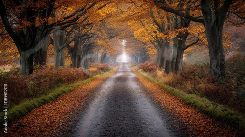 Beautiful autumn scenery with a wooden bridge over a quiet lake surrounded by...